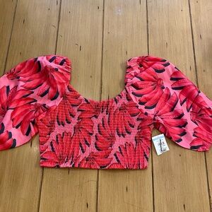Women’s Pink Tropical Banana Print Smocked Crop Top HT360 Summer Resort wear XL